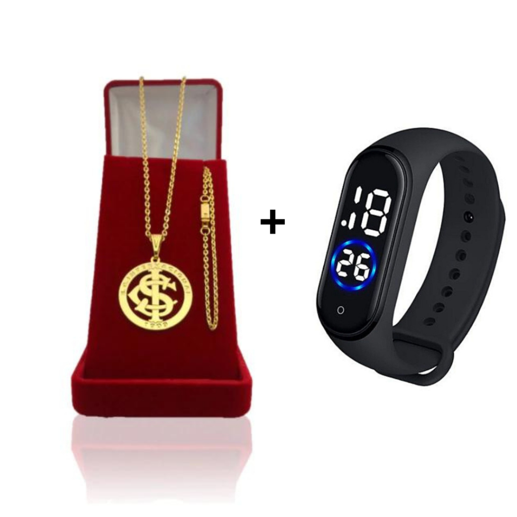 Corrente Masculina Cadeado 2mm Com Pulseira Pingente de Time Banhado a Ouro + Relógio Digital Prova Dagua + Correntinha Masculina