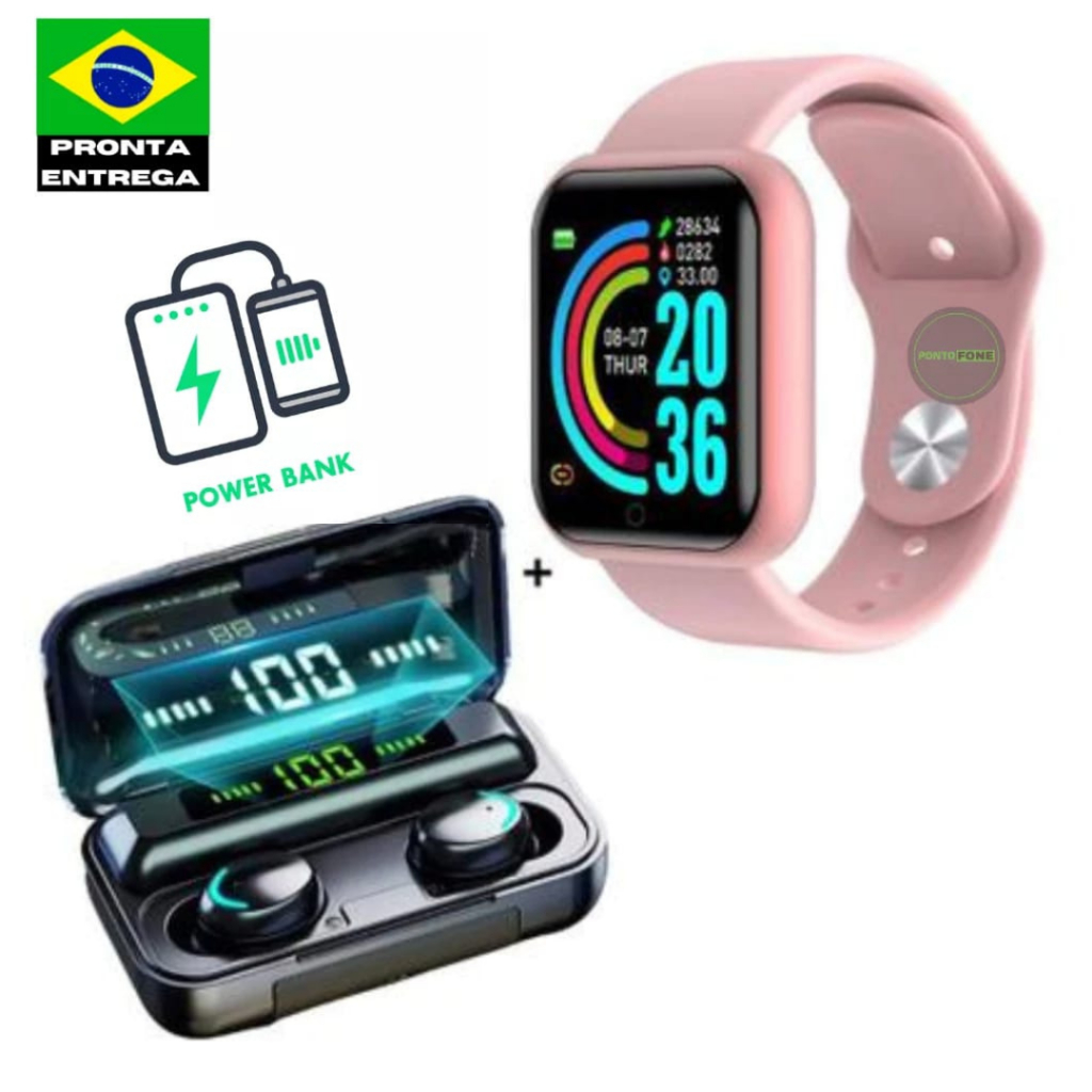 SmartWatch D20 Y68 + Fone com Powerbank Fone Sem Fio Bluetooth F9 | Kit Relógio e Fone de Ouvido Android iOS