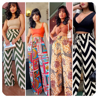 Calça Pantalona Feminina estampada Cintura Alta com elástico grosso na cintura Com Bolso