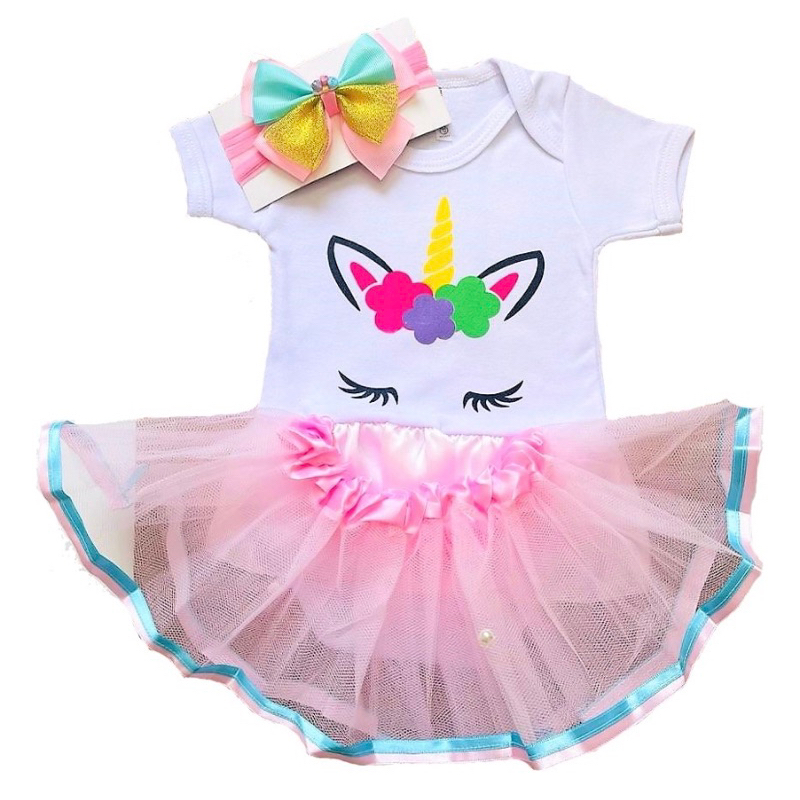 Body Bebê Temático Unicórnio arco íris + tule + laço