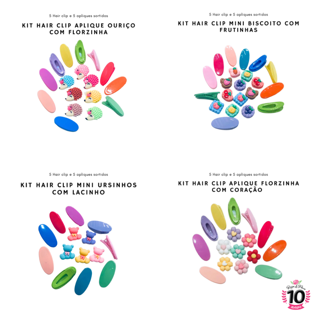 Kit Hair Clip com Apliques (10 Unidades | 5 Presilhas e 5 Apliques) para Laços e Tiaras Infantil