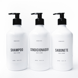 Kit 3 Peças Dispenser Frasco Branco Shampoo Condicionador Sabonete Pet Plástico Bemhaus 500 Ml em Oferta na Shopee