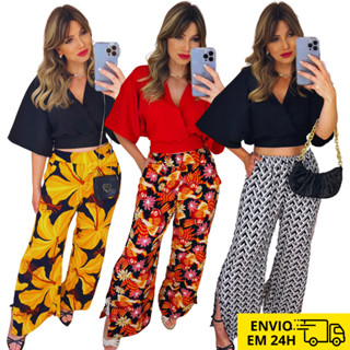 Calça Pantalona Feminina Com Bolso Forrada Fendas Laterais Soltinha Levinha Cintura Alta Elastico Forro Farm Estampada Moda Adulto Mulher Roupa Santorini Super Envio