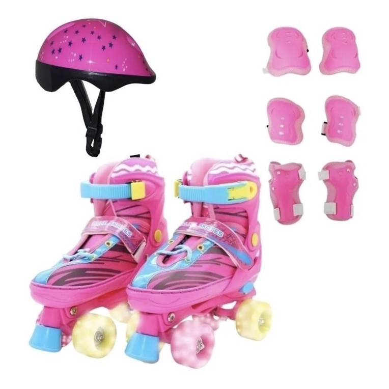 Patins 4 rodas infantil quad sou luna led + kit proteçao
