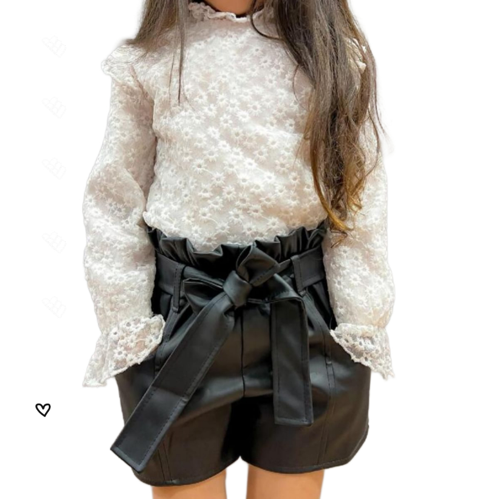 Short Infantil Menina Couro fake Courino Com Cinto Clochard Bolso Frontal Desconto