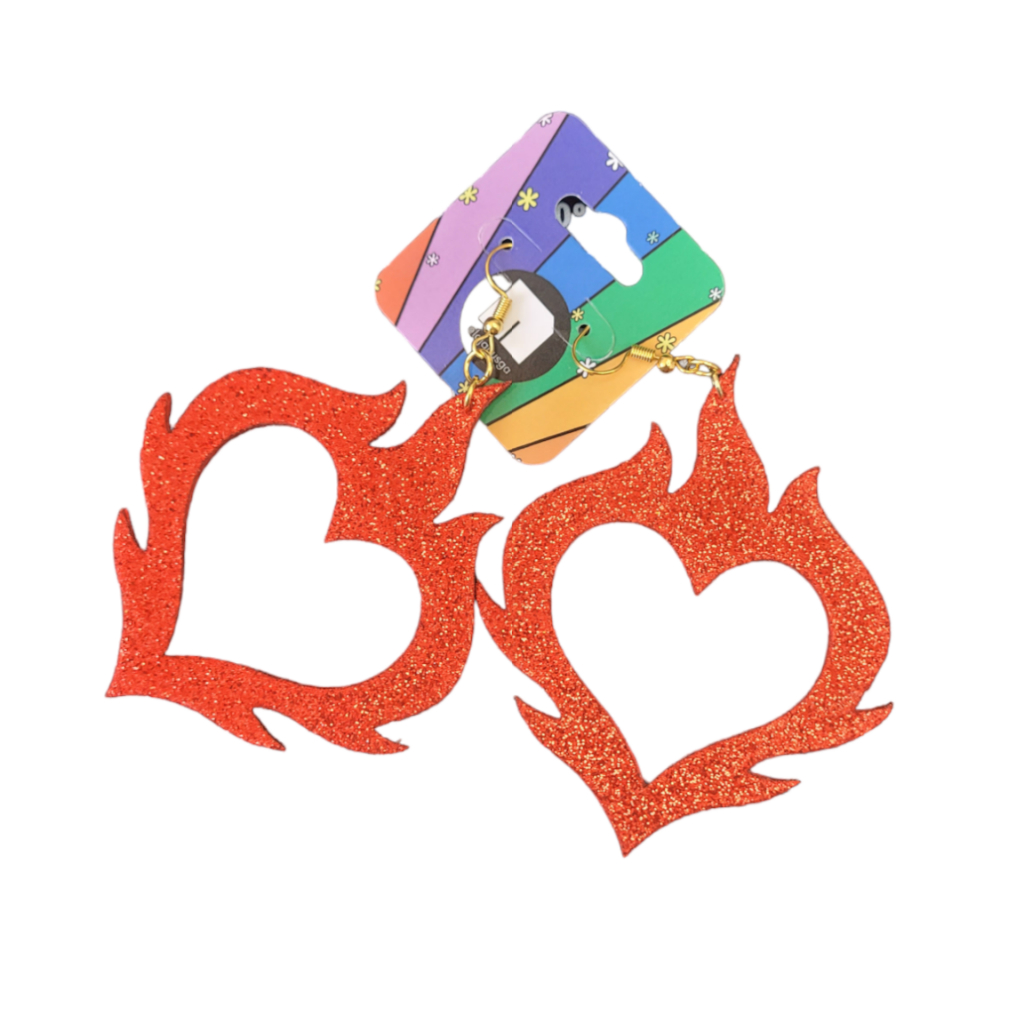 Brinco Coração em chamas, Brinco de Carnaval, Brinco de glitter, Brinco heart flames
