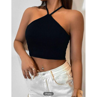 cropped feminina com decote e amarração no pescoço com bojo pra verão