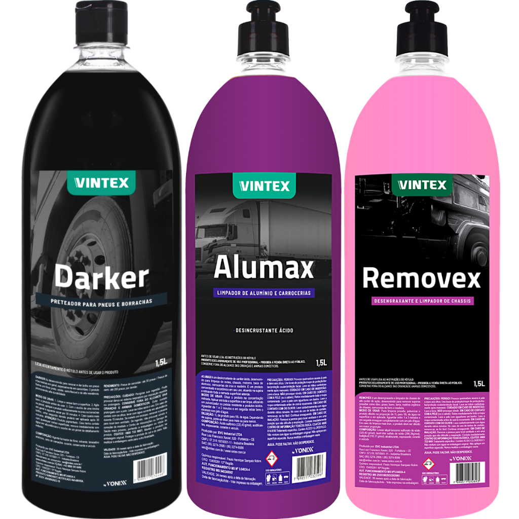 Alumax Limpador + Removex Desengraxante + Pneu Pretinho Darker Borracha 1,5L Vintex - Spare Parts and Accessories for Vehicles