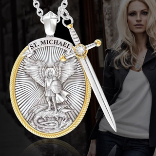 Colar de Mitologia Ocidental São Miguel Anjo Fé Fé Amuleto Jóias Colar Arcanjo São Miguel Me Protege Santo Escudo Proteção Asa de Anjo Fé Cruz Pingente Asa de Anjo Jóias