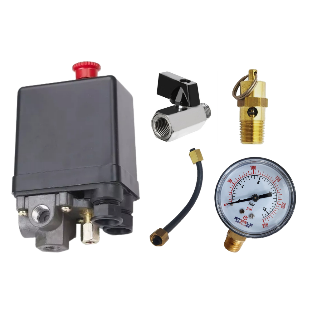 Kit Pressostato Compressor de Ar 80-120 Libras Manômetro Relógio de Pressão 1/4" BSP Valvula de Segurança 120 PSI Registro Esfera  e Tubo Alivio com Porca e Anilha em Oferta na Shopee