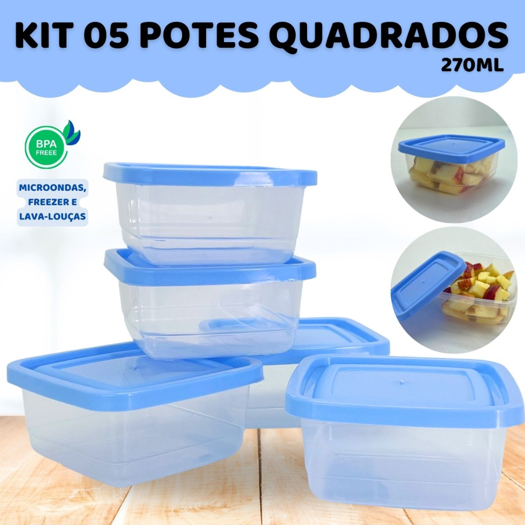 Kit 5 Potes 270ML Marmita Vasilha Plástica Porta fruta Marmitinha Salada Potinho Lanche Snack Quadrado Vasilha Plástico Cores Sortidas