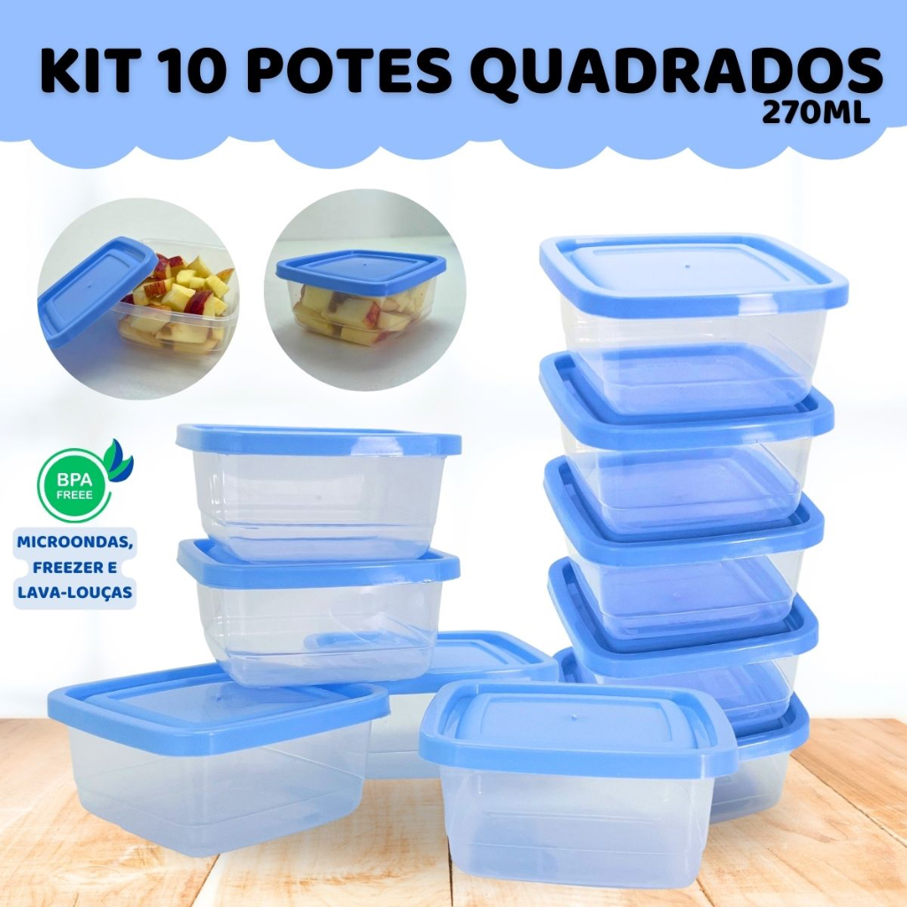 Kit 10 Potes Quadrados Marmita Vasilha Plástica Porta fruta Marmitinha Salada Potinho Lanche Snack Resistentes 270ml Utensílios para Cozinha/casa