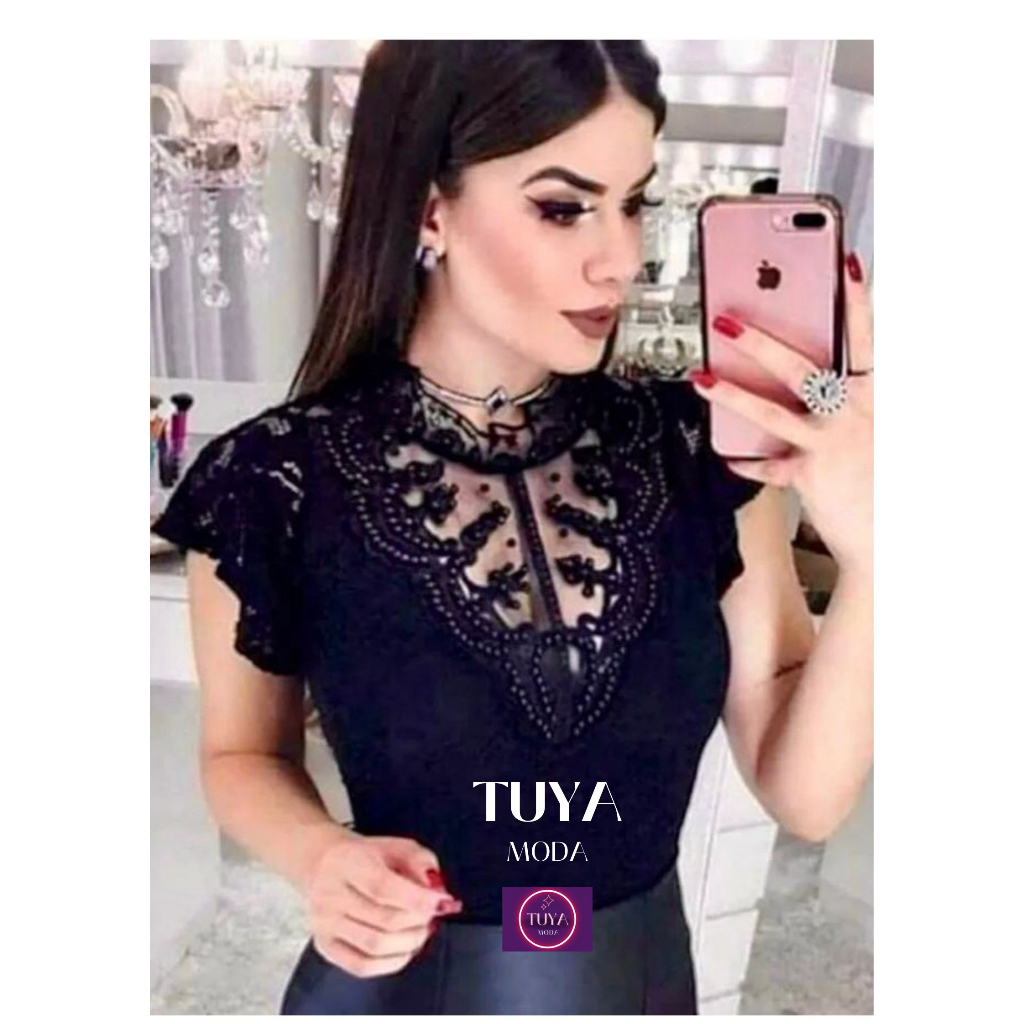 Body Guipir com GOLA com Bojo Renda Elástano perola perolado rendado moda feminina