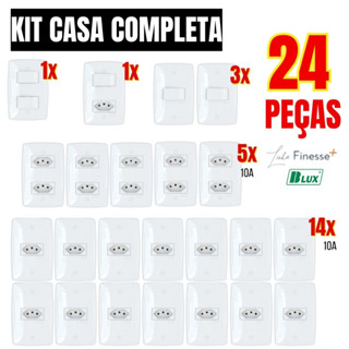 Kit Pack com 24 Peças Tomada e Interruptor branca 4x2 Parede Embutir Linha Finesse Casa Completa Blux