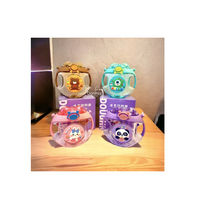 Garrafa Infantil Agua Suco Luz Led Brilho Pisca Criança Alça Garrafa de Água Squeeze Criança desenho Donut Infantil Com Adesivos Plastico Resistente Canudo de Silicone com Alça para Esportes Escola