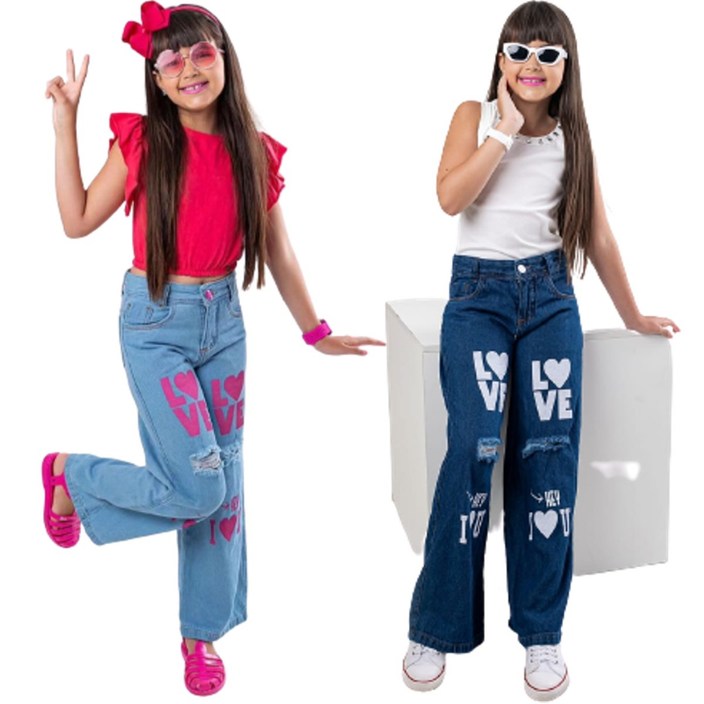 Calça jeans pantalona meninas wide leg infantil calça folgada juvenil 8 ao 16 premium