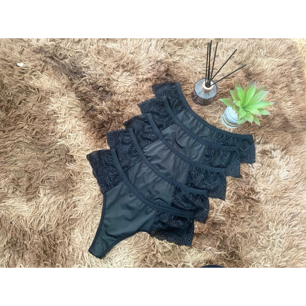 KIT 5 UNIDADES PRETAS DE  CALCINHA FIO DENTAL LEONA COM RENDA LATERAL em Oferta na Shopee