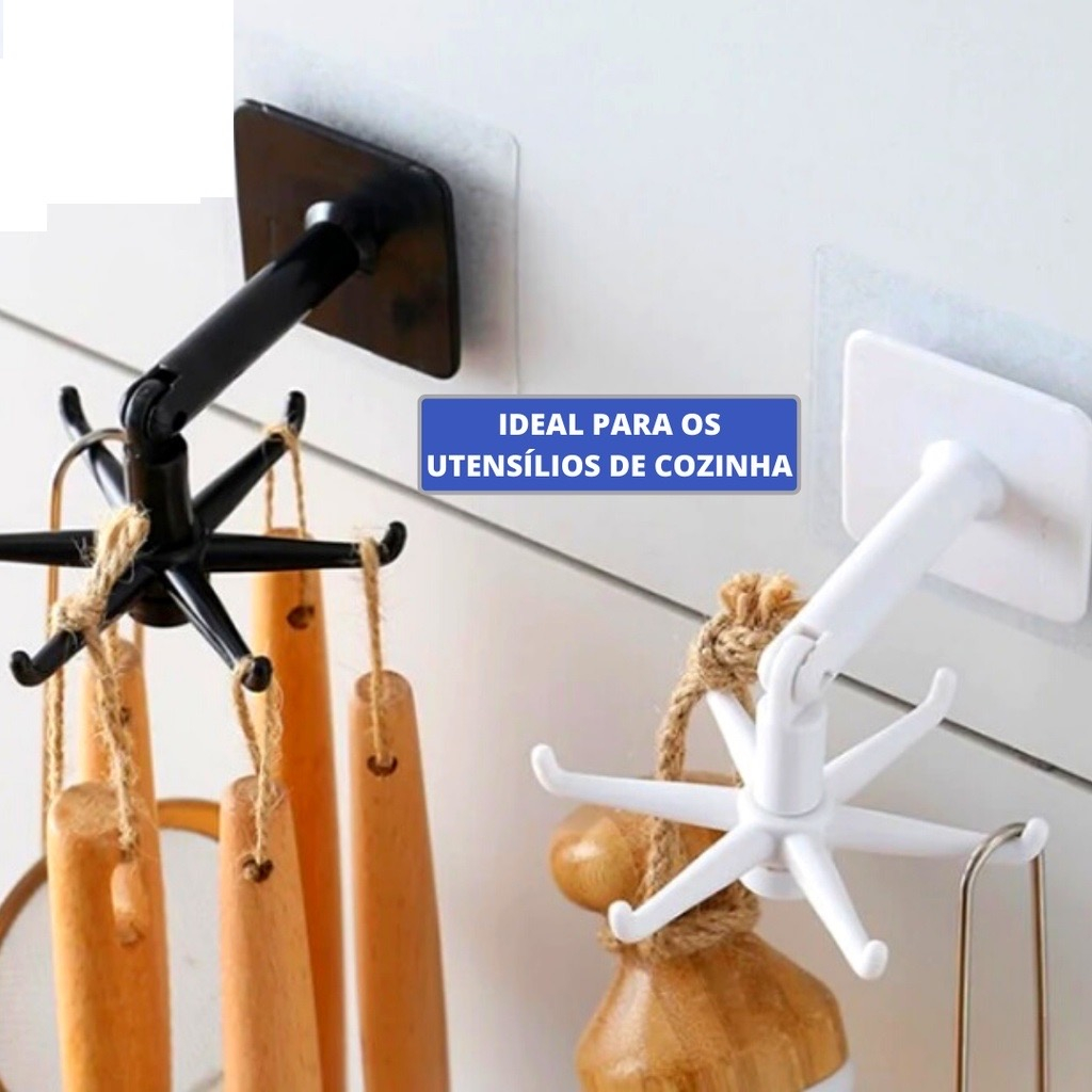 Gancho Rotativo Multifuncional para Utensílios de Cozinha com Adesivo para Fixação