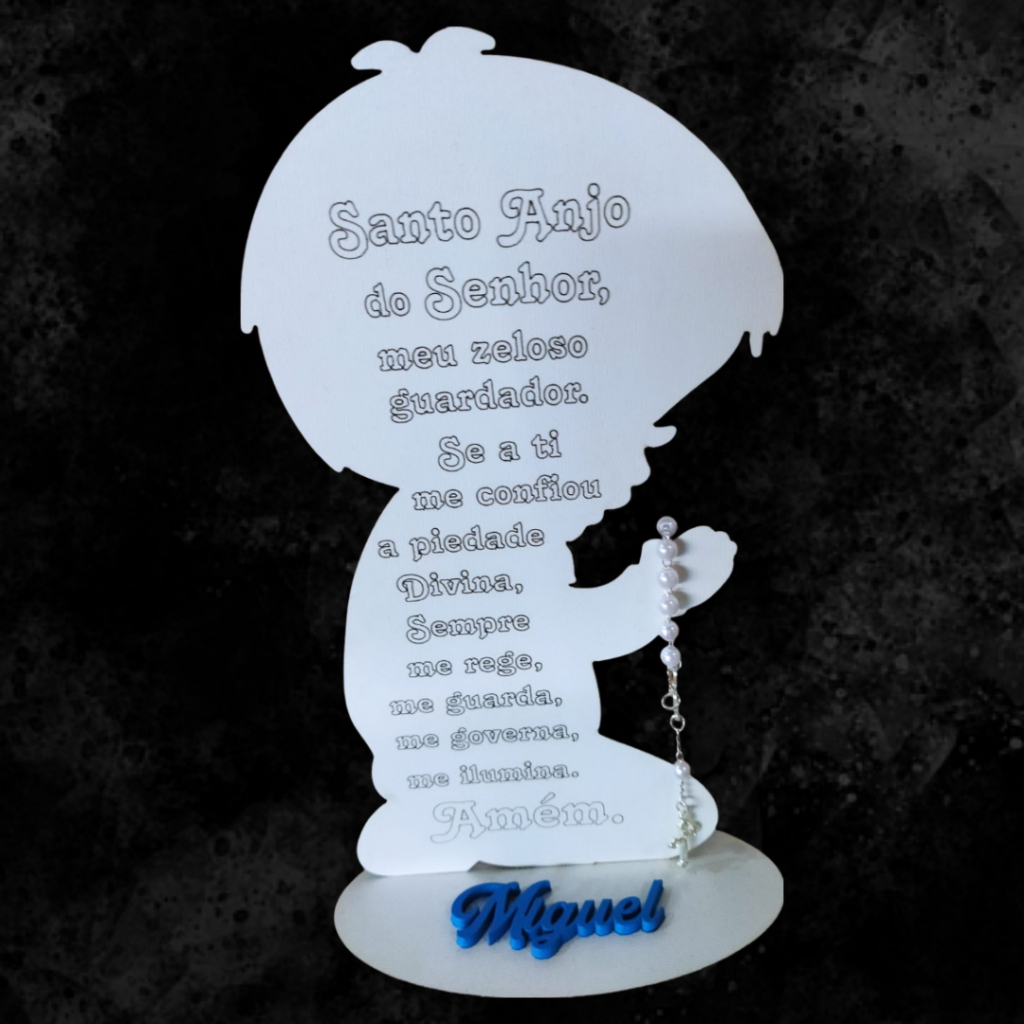 Menino Oração Sto a njo mdf Branco 20 cm com Mini ter ço