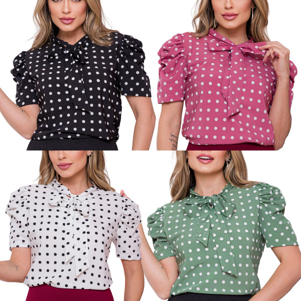 Camisa Blusa Evangélica Bufante Princesa Com Gola Laço Poa