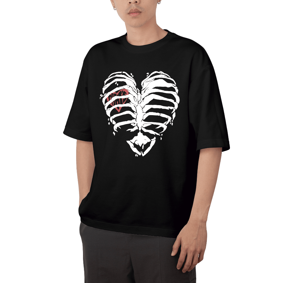 Camiseta Coração Esqueleto Oversized Estampa Gótico Love Manga Curta
