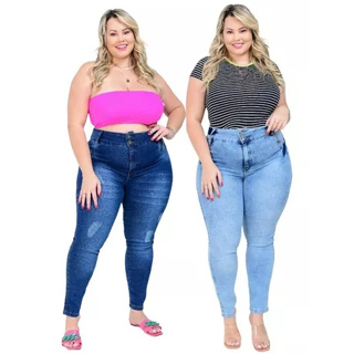 Kit 2 Calças Feminina Plus Size Cintura Alta Com Lycra em Oferta na Shopee