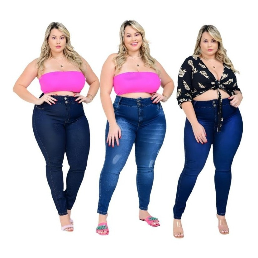 Kit 3 Calças Jeans Feminina Plus Size Cintura Alta Com Lycra em Oferta na Shopee