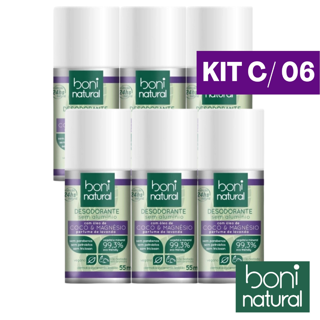 Kit 6 Desodorante Roll On Sem Aluminio Aroma Lavanda Vegetal 55ml Boni Natural