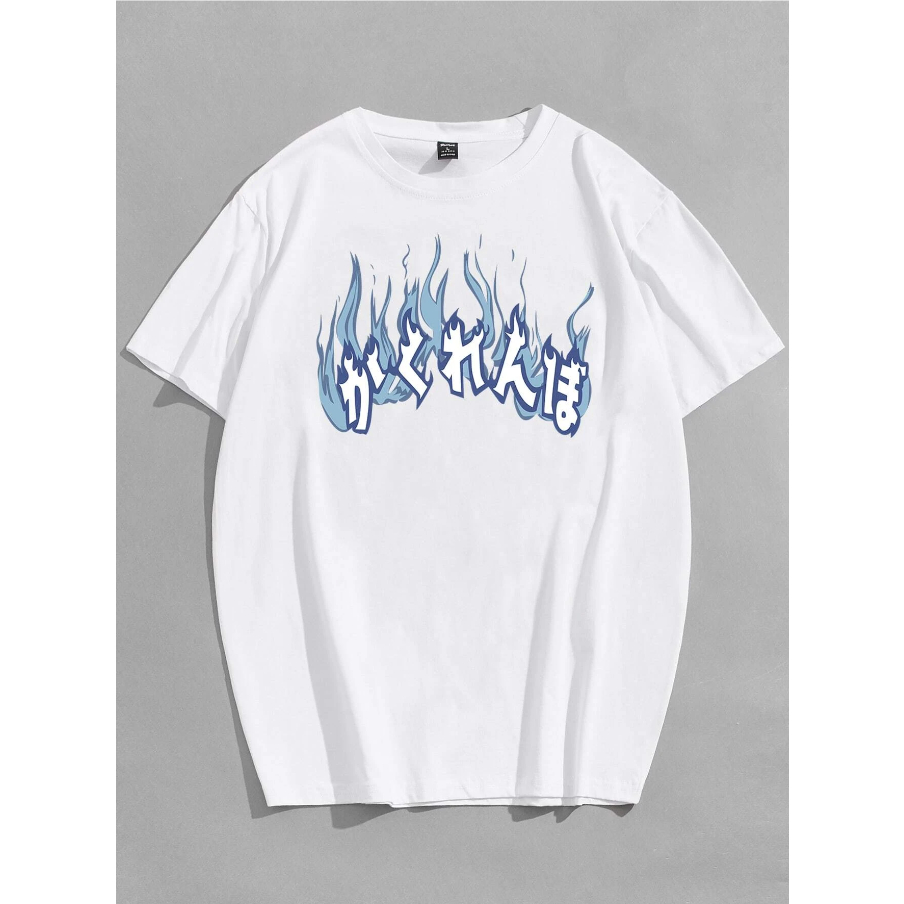 Camiseta Fogo Japonês Fire Azul Kanji Oversized Aesthetic