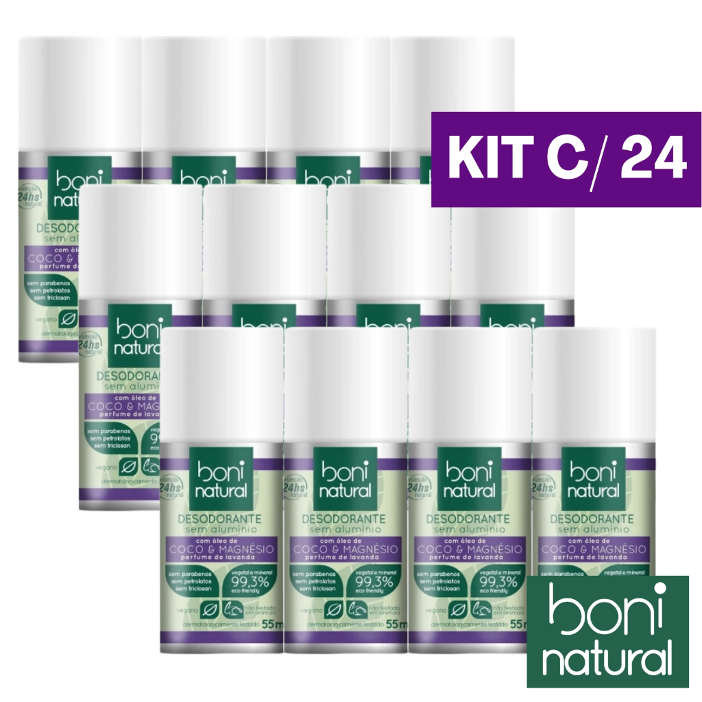 Kit 24 Desodorante Roll On Sem Aluminio Aroma Lavanda Vegetal 55ml Boni Natural