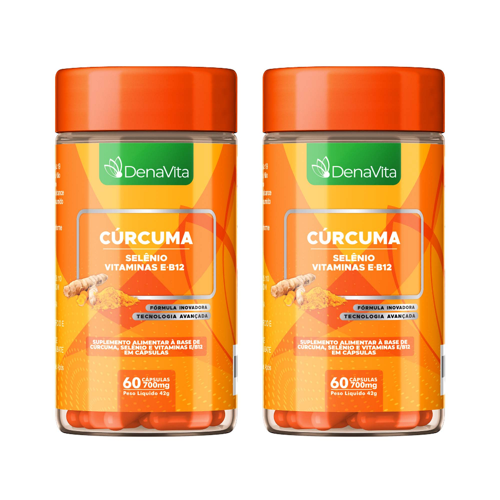 Kit 2x Cúrcuma, Selênio, Vitaminas E, B12 - 700mg - Suplemento Alimentar - 120 Cápsulas - Denavita