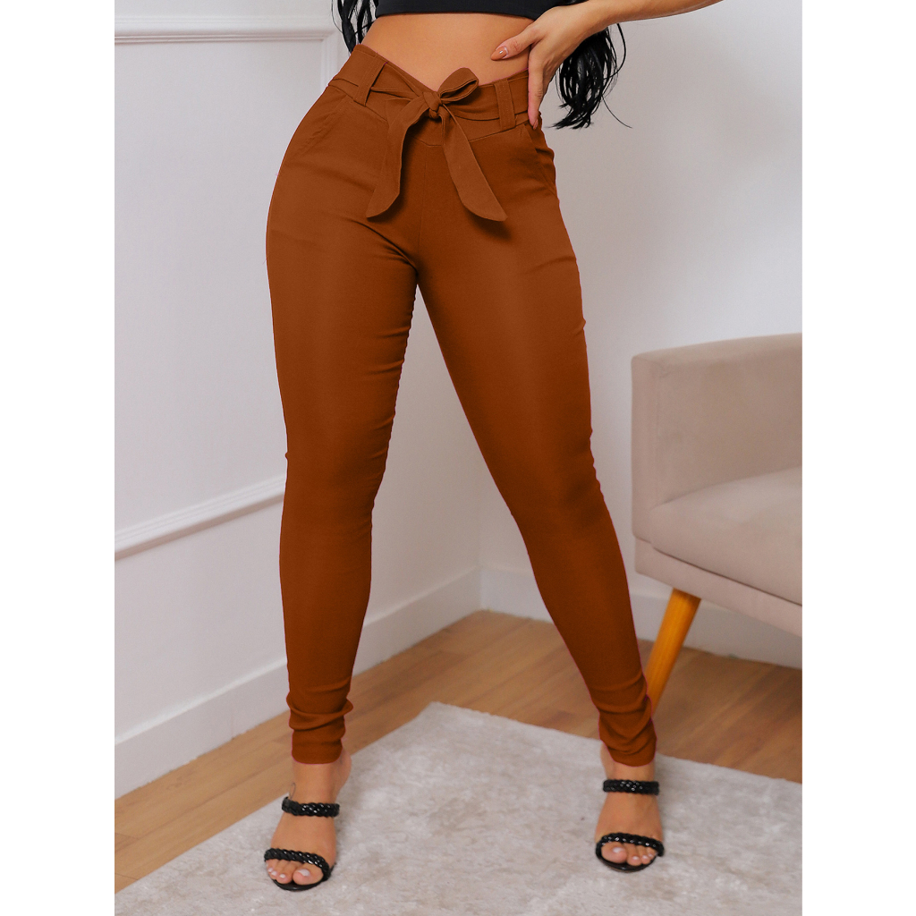 Calça Bengaline Cintura Alta Com Laço Sem Ziper em Oferta na Shopee