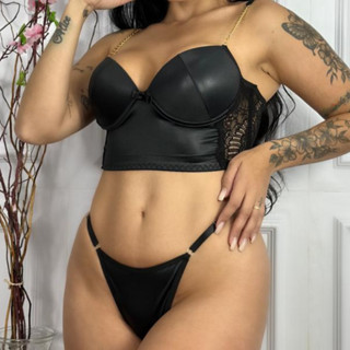 Conjunto Lingerie Com Bojo Fio Corpete Couro Fake