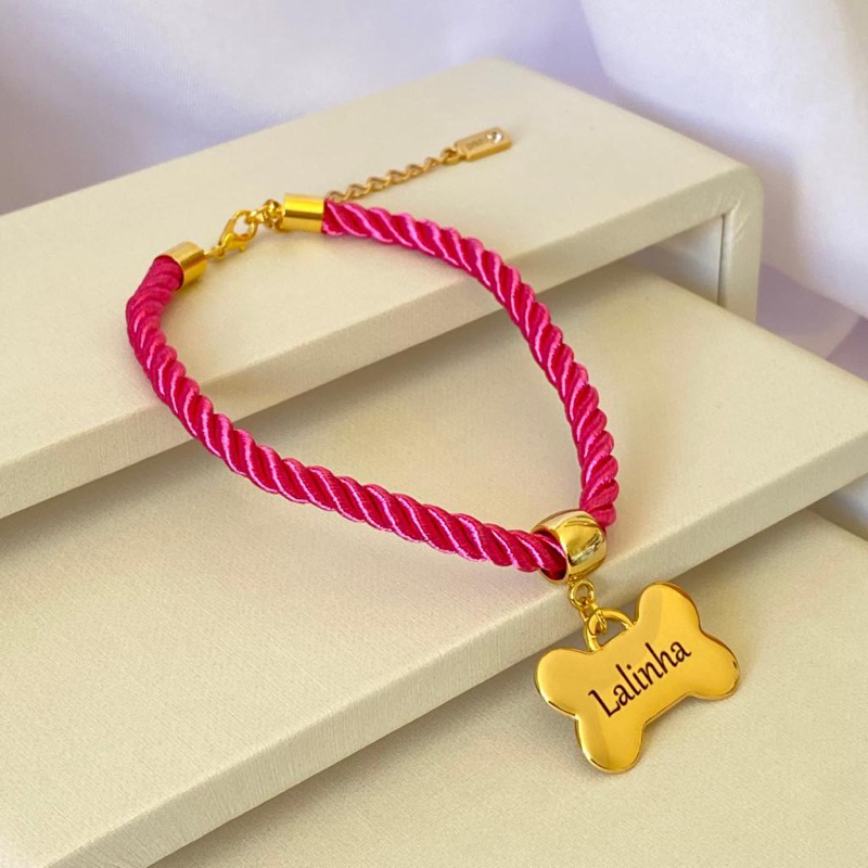 Coleira Rosa de Cachorro com Pingente Nome e Numero Personalizado B4