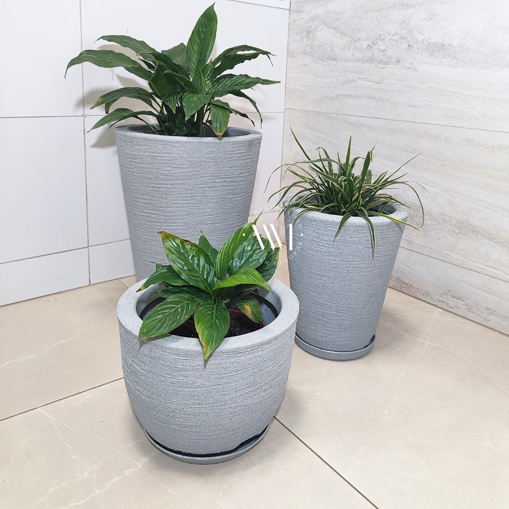 Kit 3 Vasos Texturizados Escovados Planta ou Flor Polietileno Coluna Redonda Nº1 Nº2 + Boj...