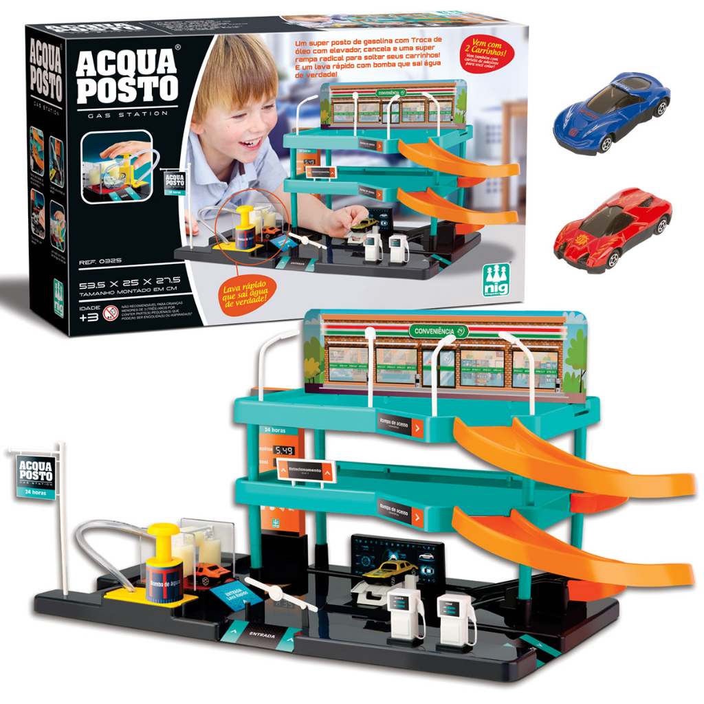 Acqua Posto Lava Rápido Posto De Gasolina Infantil Nig Brinquedos + Carrinhos Sai Água Compatível Hotwheels