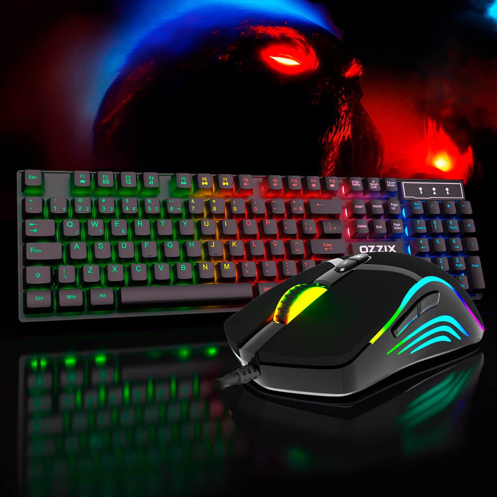 Kit Gamer Mouse 8000DPI RGB + Teclado Semi Mecânico Iluminado Mouse com Software Personalizável Jogos Pc Notebook Ozzix