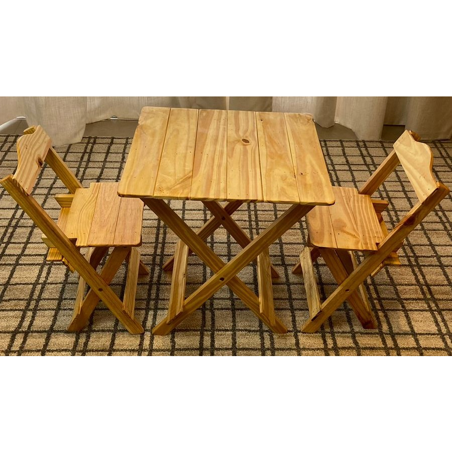 Kit Cadeira Mesa e Duas Cadeiras Madeira Dobrável Rustica Camping Tamanho Infantil