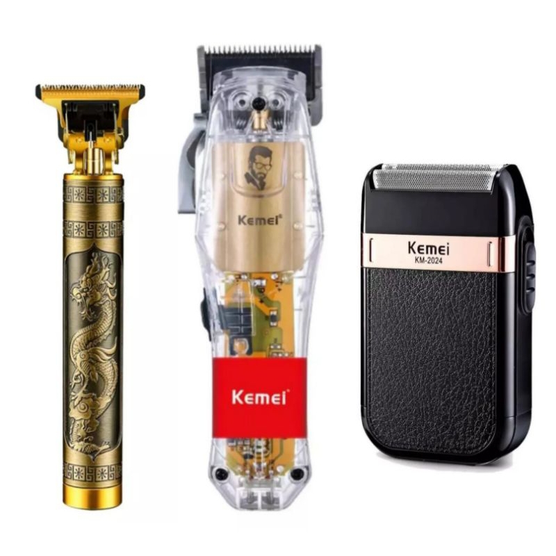 Kit Máquina De Cabelo Profissional T9 Corte Shaver Kemei 3 Máquinas