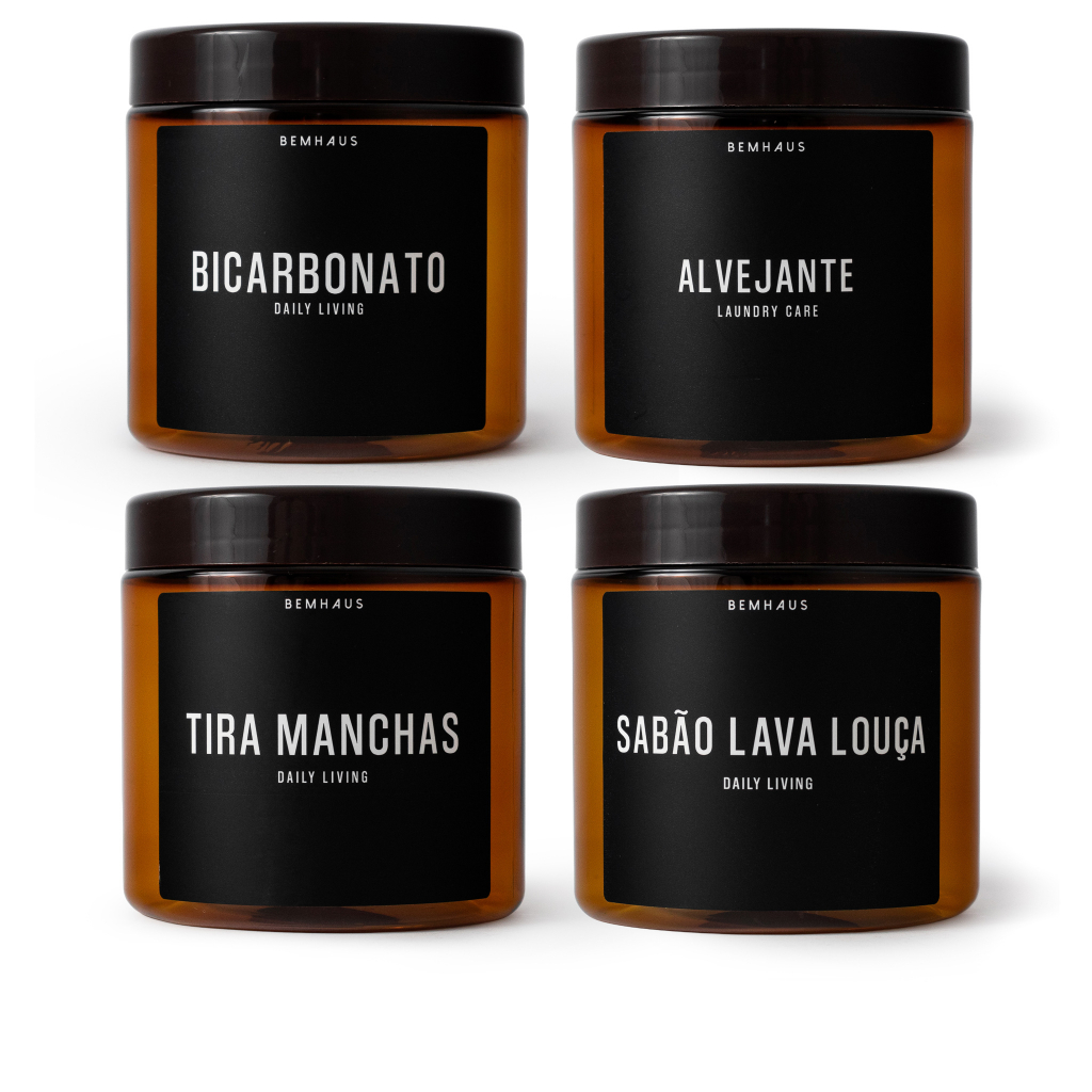 4 POTES ORGANIZADORES DE LAVANDERIA COM TAMPA BICARBONATO, ALVEJANTE, TIRA MANCHAS, SABÃO LAVA LOUÇAS
