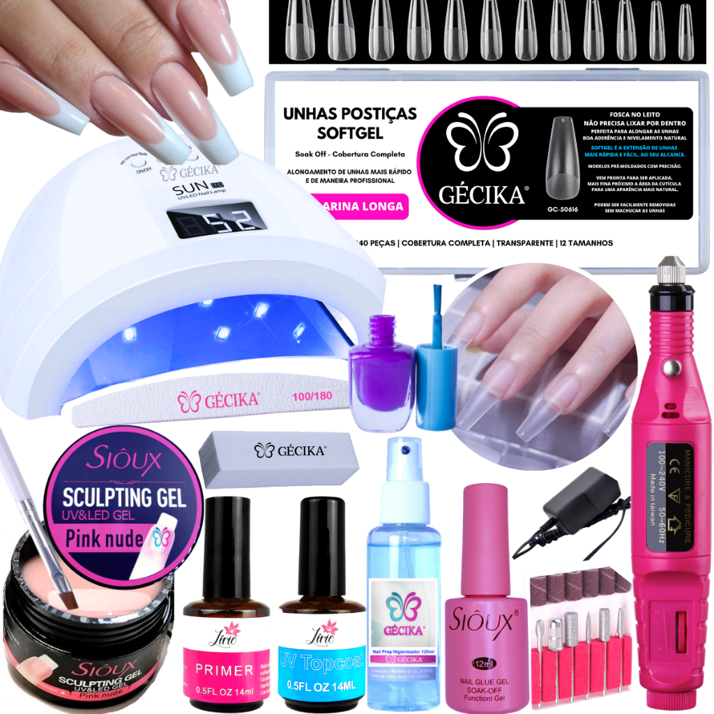 Kit Unha Postiça Softgel Completo Bailarina Cabine Sun 48w Lixadeira Eletrica Unhas Esmalte em Gel Prep Gel Base Cola Unha Postiça Mesmo Fabricante Softgel D&Z Soft Gel Sioux