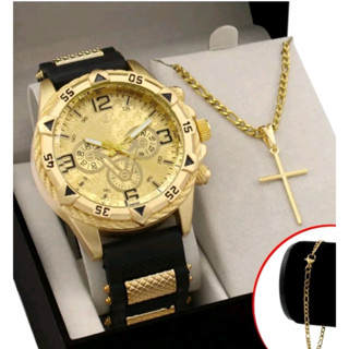 Relogio Masculino Banhado a Ouro 18k Original + Corrente + Pingente