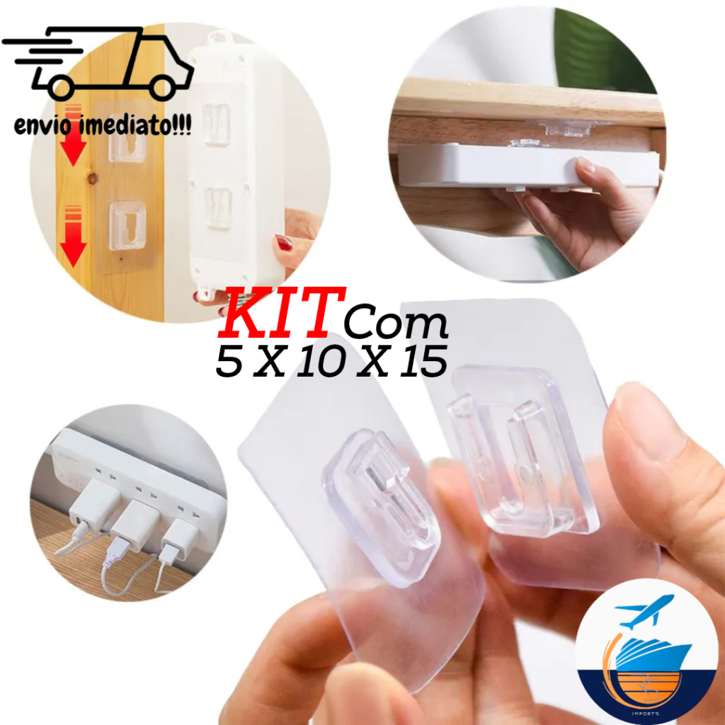 Kit Gancho Adesivo 10 Peças/5 Pares - 20 Peças/10 Pares - 30 Peças/15 Pares Paredes sem furos Macho Fêmea Dupla Face Transparente