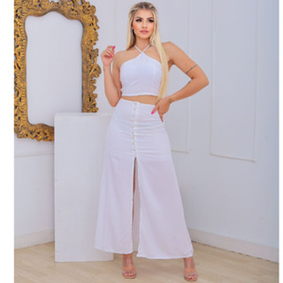 Conjunto Viscolinho Cropped Amarração + Saia Longa C/ Abertura e Botões Luxo Elegante Imperdível