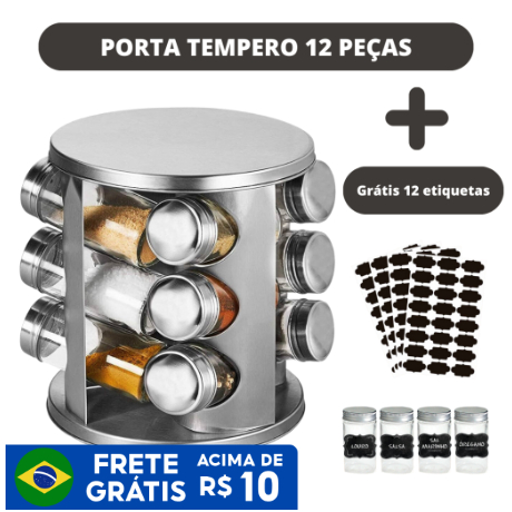 Porta Tempero e Condimento Suporte Giratório Inox 12 Potes de Vidro