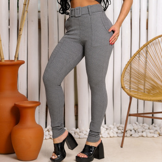 Calça Feminina Skinny Malha Crepe Com Cinto Forrado Cintura Alta Qualidade Slim em Oferta na Shopee