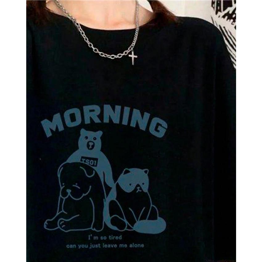 Camiseta Morning Oversized Desenho Grafico Estampado Frente Manhã, Estou Cansado Bear Cat Dog Blusa T-shirt Manga Curta Ombro Caido Streetwear