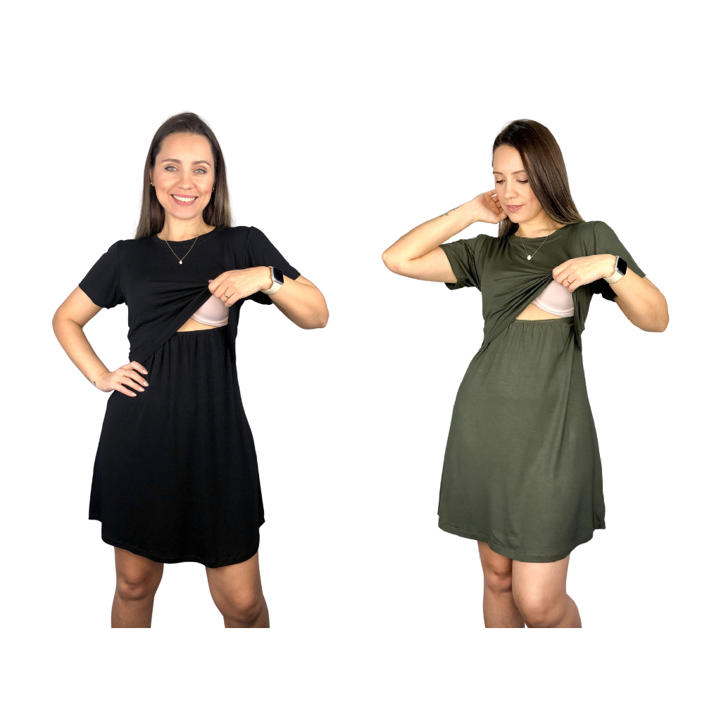 Kit 2 Vestido Amamentação Diversas Cores Viscolycra Premium Manga Curta Gestante Grávida Amamentar em Oferta na Shopee