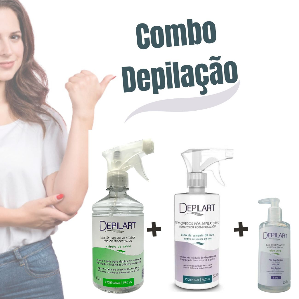 Kit Pré Depilatória Sálvia  500ml + Pós Depilatório Uva 500ml + Gel Hidratante Aloe Vera 250ml Depilart