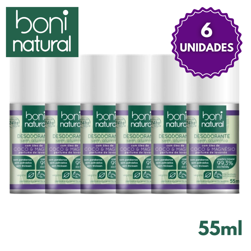 6 Unidades Rollon Desodorante Corporal Vegano Perfume de Lavanda 55ml Boni Natural